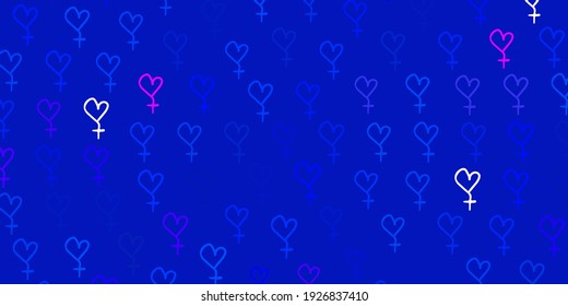 El fondo del vector BLUE claro con los símbolos de potencia de las mujeres. Símbolos feministas coloridos con un gradiente en estilo moderno. Antecedentes del Día Internacional de la Mujer.
