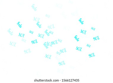 Light BLUE vector background with 30, 50, 90 % signs of sales. Colored words of sales with gradient on white background. Design for business ads, commercials.