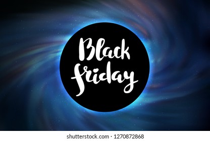 Light BLUE vector background with a black hole, sky. Colorful illustration of a black hole on a starry backdrop. Template for Black Friday sales.