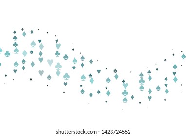 Light BLUE vector background with cards signs. Blurred decorative design of hearts, spades, clubs, diamonds. Design for ad, poster, banner of gambling websites.