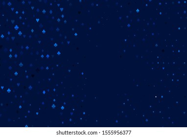 Light BLUE vector background with cards signs. Illustration with set of hearts, spades, clubs, diamonds. Design for ad, poster, banner of gambling websites.