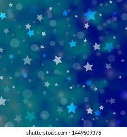 Light BLUE vector background with circles, stars. Illustration with set of colorful abstract spheres, stars. Pattern for design of fabric, wallpapers.