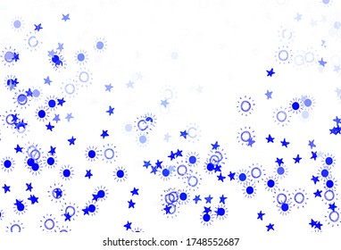 Light BLUE vector background with colorful stars, suns. Glitter abstract illustration with colored stars, suns. Pattern for futuristic ad, booklets.