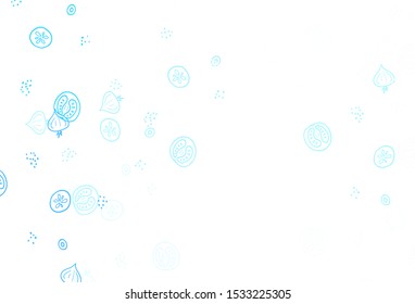 Light BLUE vector background with cuisine gourmet. Colorful decorative design of snacks in doodle style. Pattern for ad, booklets, leaflets of restaurants.