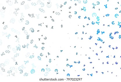 Light BLUE vector background with Euro, Dollar, Yen. Shining colored illustration with EUR, USD, JPY signs. Template for ads of markets, loans.