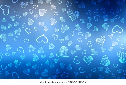 Light BLUE vector background with hearts. Blurred decorative design in doodle style with hearts. Design for ad, poster, banner of Valentine Day.