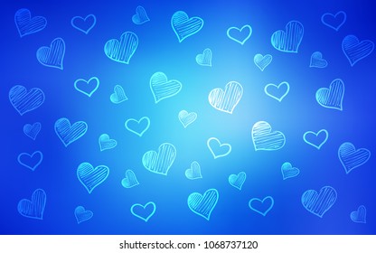 Light BLUE vector background with hearts. Hearts on blurred abstract background with colorful gradient. Template for Valentine's greeting postcards.