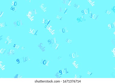 Fondo vectorial AZUL claro con símbolos de 30, 50, 90 % de ventas. Colorido conjunto de signos porcentuales en estilo sencillo. Diseño para anuncios comerciales, comerciales.