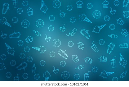 Light BLUE vector background with tasty sweets. Illustration with set of sweet food in doodle style. Pattern for ads of breakfast, lunch, dinner.