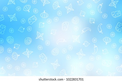 Light BLUE vector background with tasty food. Illustration with set of fresh food in doodle style. Design for ad, poster, banner of cafes or restaurants.