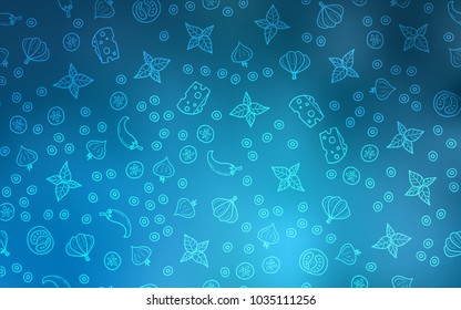 Light BLUE vector background with tasty food. Glitter abstract sketch with gourmet food. Pattern for ads of breakfast, lunch, dinner.