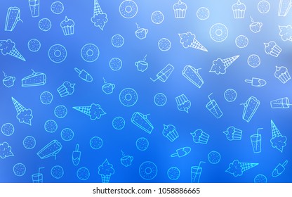 Light BLUE vector background with tasty sweets. Glitter abstract sketch with sweets, candies, desserts. Doodle design for your business advert of cafes.