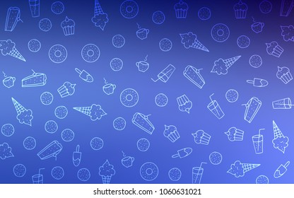 Light BLUE vector background with tasty sweets. Blurred decorative design of desserts in doodle style. Pattern for ad, booklets, leaflets of restaurants.