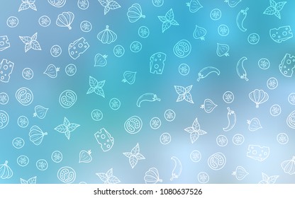 Light BLUE vector background with tasty food. Blurred decorative design of snacks in doodle style. Pattern for menu of cafes, bars, restaurants.