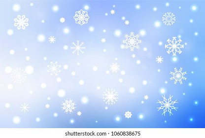 Light BLUE vector background with xmas snowflakes. Decorative shining illustration with snow on abstract template. The pattern can be used for new year leaflets.