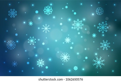 Light BLUE vector background with xmas snowflakes. Snow on blurred abstract background with gradient. The pattern can be used for new year leaflets.