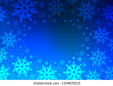 Light BLUE vector background with xmas snowflakes. Snow on blurred abstract background with gradient. The template can be used as a new year background.
