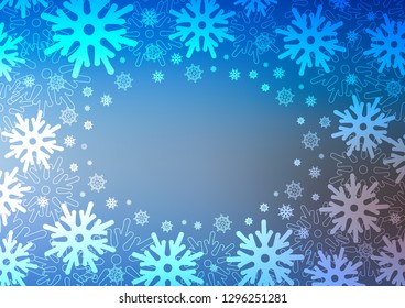 Light BLUE vector background with xmas snowflakes. Snow on blurred abstract background with gradient. The pattern can be used for new year ad, booklets.