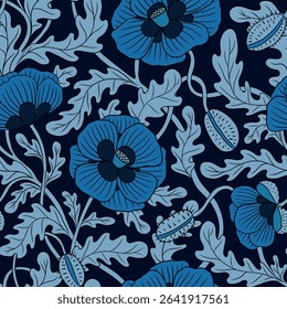 LIGHT BLUE VECTOR BLOOMING POPPIES ON A DARK BLUE BACKGROUND