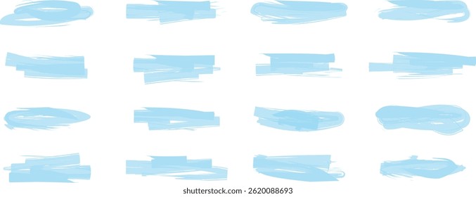 Light blue vector brush strokes with transparent background. Hand-painted smears, soft ink splashes, perfect for winter, baby products, minimal designs and branding.