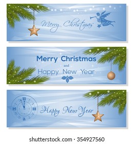 Light blue vector card with fir branches, Christmas balls, angel and clock. Festive background for Christmas and New Year.