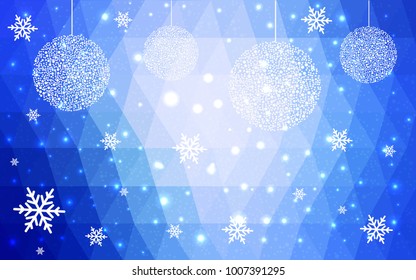 Light BLUE vector christmas polygon background. Low poly Illustration consisting of triangles with snowflakes. Texture, seamless background of New Year celebration.