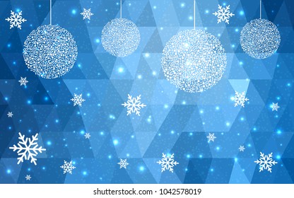 Light BLUE vector christmas polygon background. Low poly Illustration consisting of triangles with snowflakes. Texture, seamless background of New Year celebration.