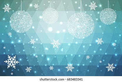 Light BLUE vector christmas polygon background. Low poly Illustration consisting of triangles with snowflakes. Texture, seamless background of New Year celebration.