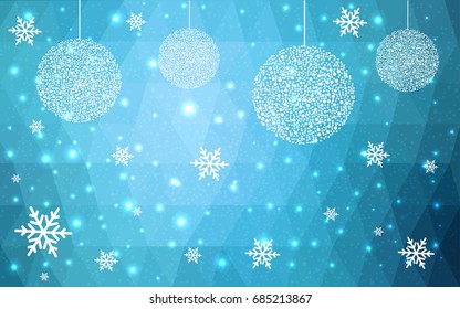 Light BLUE vector christmas polygon background. Low poly Illustration consisting of triangles with snowflakes. Texture, seamless background of New Year celebration.