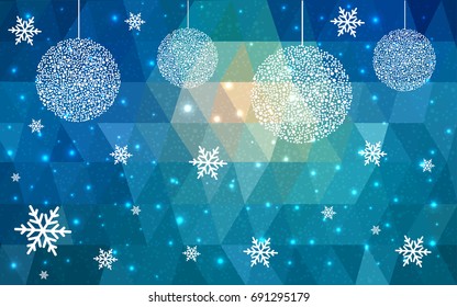 Light BLUE vector christmas polygon background. Low poly Illustration consisting of triangles with snowflakes. Texture, seamless background of New Year celebration.