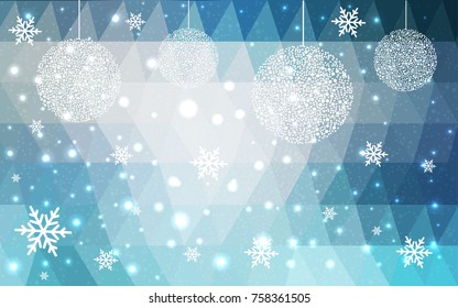 Light BLUE vector christmas polygon background. Low poly Illustration consisting of triangles with snowflakes. Texture, seamless background of New Year celebration.