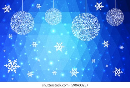 Light blue vector christmas postcard low polygon background. Illustration consisting of triangles. Abstract triangular polygonal origami or crystal design of New Year celebration.