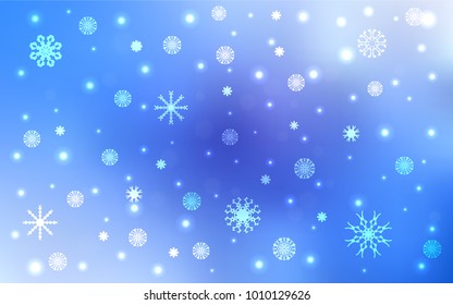 Light BLUE vector cover with beautiful snowflakes. Snow on blurred abstract background with gradient. The pattern can be used for year new  websites.