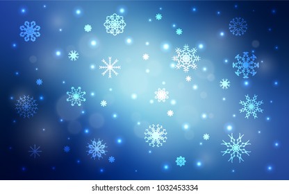 Light BLUE vector cover with beautiful snowflakes. Snow on blurred abstract background with gradient. The pattern can be used for new year ad, booklets.