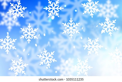 Light BLUE vector cover with beautiful snowflakes. Snow on blurred abstract background with gradient. The pattern can be used for new year ad, booklets.