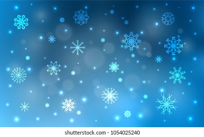 Light BLUE vector cover with beautiful snowflakes. Snow on blurred abstract background with gradient. The pattern can be used for new year ad, booklets.