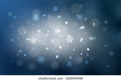 Light BLUE vector cover with beautiful snowflakes. Snow on blurred abstract background with gradient. The pattern can be used for new year leaflets.