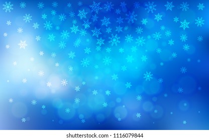Light BLUE vector cover with beautiful snowflakes. Blurred decorative design in xmas style with snow. The pattern can be used for year new  websites.