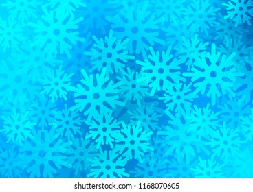 Light BLUE vector cover with beautiful snowflakes. Snow on blurred abstract background with gradient. The pattern can be used for new year leaflets.