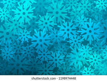 Light BLUE vector cover with beautiful snowflakes. Snow on blurred abstract background with gradient. The pattern can be used for year new  websites.