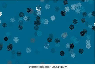 Light BLUE vector cover with beautiful snowflakes. Snow on blurred abstract background with gradient. The pattern can be used for new year ad, booklets.