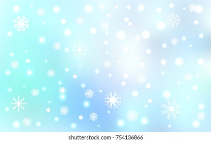 Light BLUE vector cover with beautiful snowflakes. Snow on blurred abstract background with gradient. The template can be used as a new year background.