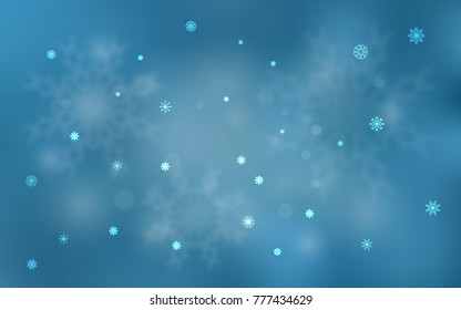 Light BLUE vector cover with beautiful snowflakes. Snow on blurred abstract background with gradient. The pattern can be used for new year ad, booklets.