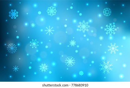 Light BLUE vector cover with beautiful snowflakes. Blurred decorative design in xmas style with snow. The pattern can be used for year new  websites.