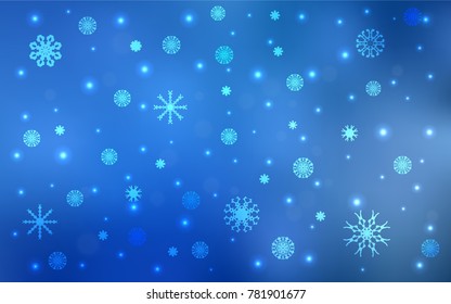 Light BLUE vector cover with beautiful snowflakes. Snow on blurred abstract background with gradient. The pattern can be used for new year ad, booklets.