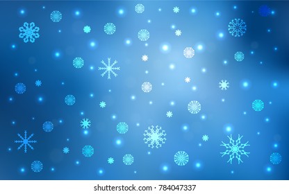 Light BLUE vector cover with beautiful snowflakes. Snow on blurred abstract background with gradient. The pattern can be used for new year ad, booklets.