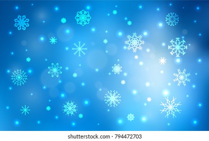 Light BLUE vector cover with beautiful snowflakes. Shining colored illustration with snow in christmas style. The pattern can be used for year new  websites.