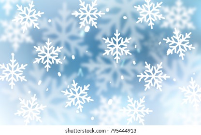 Light BLUE vector cover with beautiful snowflakes. Snow on blurred abstract background with gradient. New year design for your ad, poster, banner.