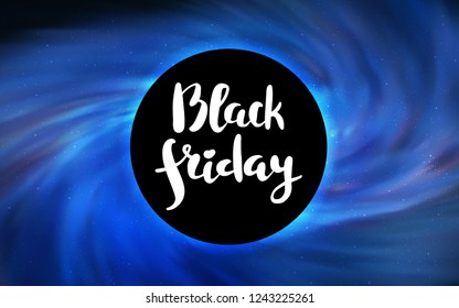 Light BLUE vector cover with a black hole, nebula. Illustration with colorful milky way stars and a black hole. Template for Black Friday sales.