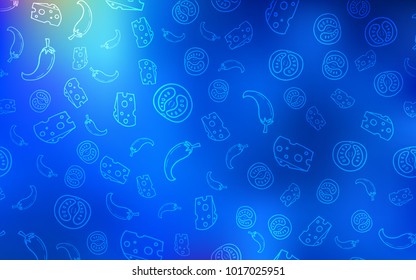Light BLUE vector cover with cuisine gourmet. Illustration with set of fresh food in doodle style. Design for ad, poster, banner of cafes or restaurants.